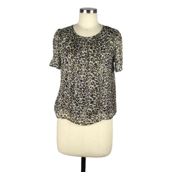 VELVET BY GRAHAM & SPENCER Leopard Animal Print Popover Blouse Gold Sparkle S - Picture 1 of 6